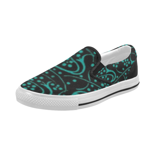 Vintage Swirl Floral Teal Turquoise Black Women's Slip-on Canvas Shoes (Model 019)