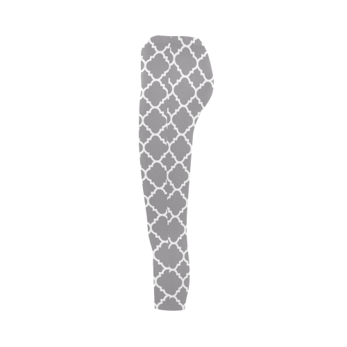 grey white quatrefoil classic pattern Capri Legging (Model L02)