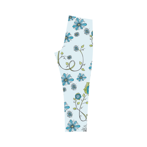 blue fantasy doodle flower pattern Capri Legging (Model L02)