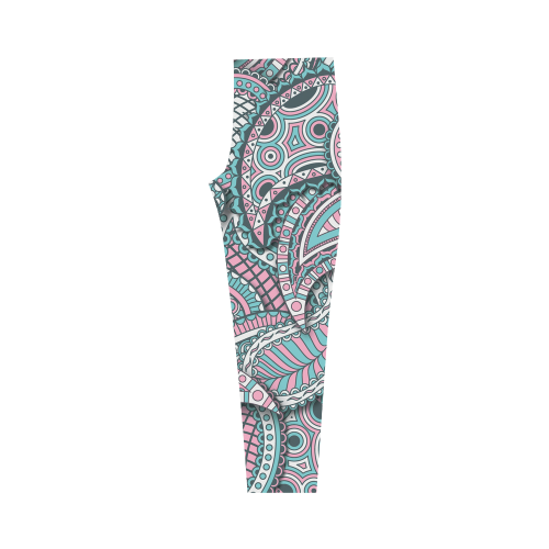 Pink teal white fun ornate paisley pattern Capri Legging (Model L02)