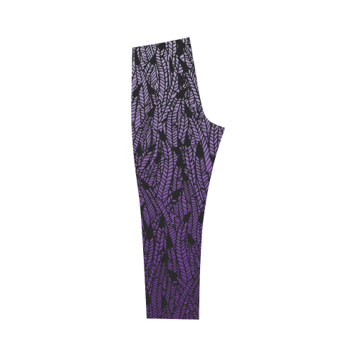 purple ombre feathers pattern black Capri Legging (Model L02)