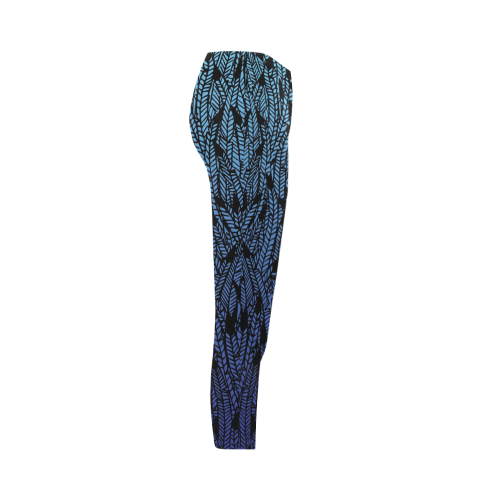 blue ombre black feather pattern Capri Legging (Model L02)