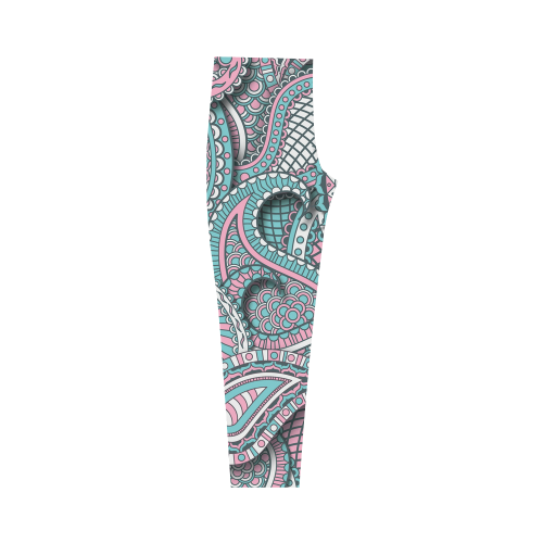 Pink teal white fun ornate paisley pattern Capri Legging (Model L02)