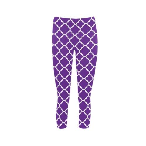 royal purple white quatrefoil classic pattern Capri Legging (Model L02)