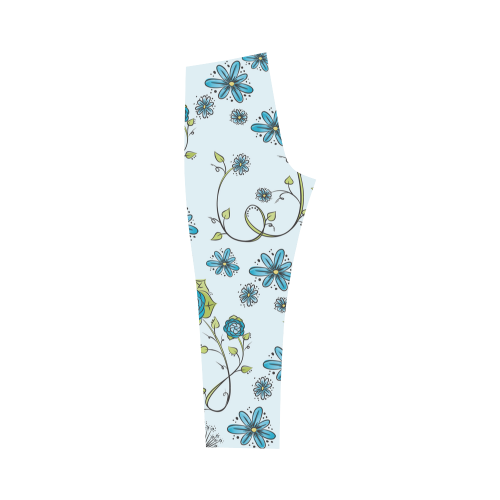 blue fantasy doodle flower pattern Capri Legging (Model L02)