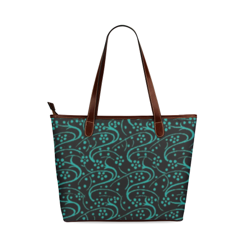 Vintage Swirl Floral Teal Turquoise Black Shoulder Tote Bag (Model 1646)