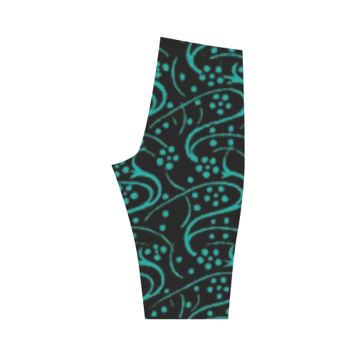 Vintage Swirl Floral Teal Turquoise Black Hestia Cropped Leggings (Model L03)