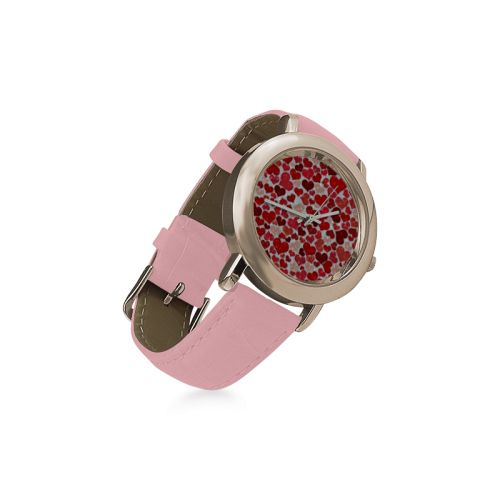 sparkling hearts, red Women's Rose Gold Leather Strap Watch(Model 201)