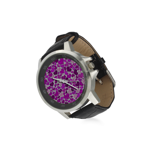 sparkling hearts purple Unisex Stainless Steel Leather Strap Watch(Model 202)