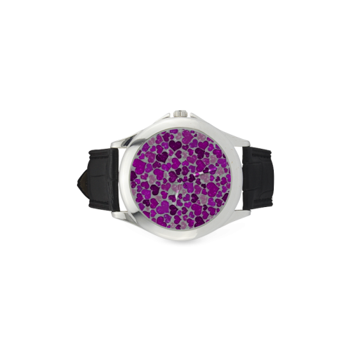 sparkling hearts purple Women's Classic Leather Strap Watch(Model 203)