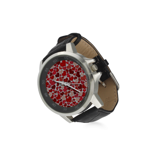 sparkling hearts, red Unisex Stainless Steel Leather Strap Watch(Model 202)
