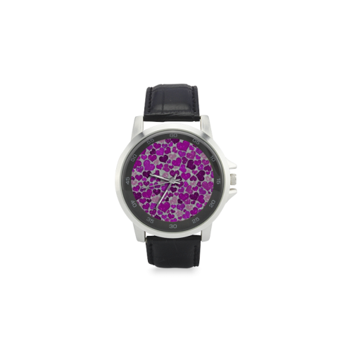 sparkling hearts purple Unisex Stainless Steel Leather Strap Watch(Model 202)