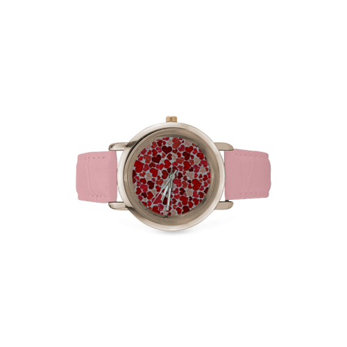 sparkling hearts, red Women's Rose Gold Leather Strap Watch(Model 201)