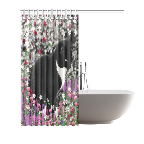 Freckles in Flowers II Black White Tuxedo Cat Shower Curtain 66"x72"