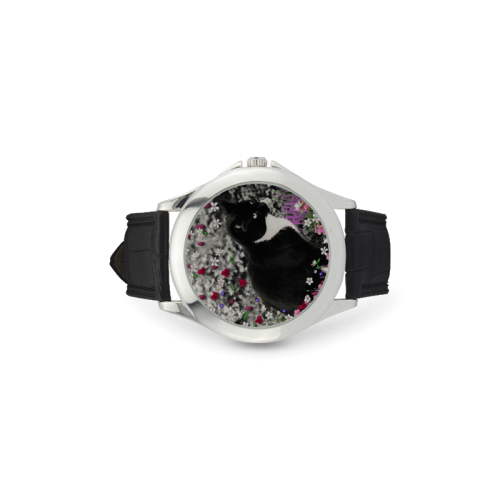 Freckles in Flowers II Black White Tuxedo Cat Women's Classic Leather Strap Watch(Model 203)