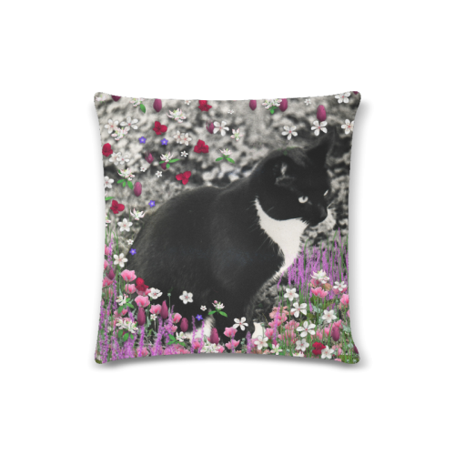 Freckles in Flowers II Black White Tuxedo Cat Custom Zippered Pillow Case 16"x16" (one side)