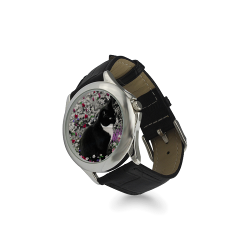 Freckles in Flowers II Black White Tuxedo Cat Women's Classic Leather Strap Watch(Model 203)