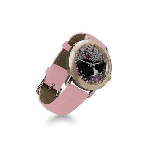 Freckles in Flowers II Black White Tuxedo Cat Women's Rose Gold Leather Strap Watch(Model 201)