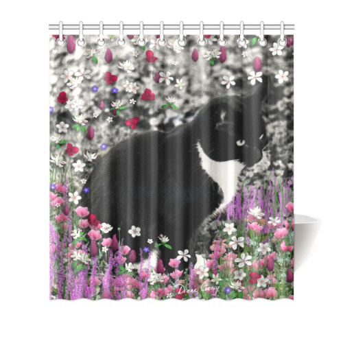 Freckles in Flowers II Black White Tuxedo Cat Shower Curtain 66"x72"