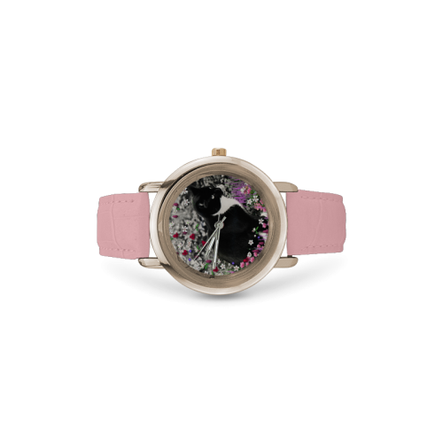 Freckles in Flowers II Black White Tuxedo Cat Women's Rose Gold Leather Strap Watch(Model 201)