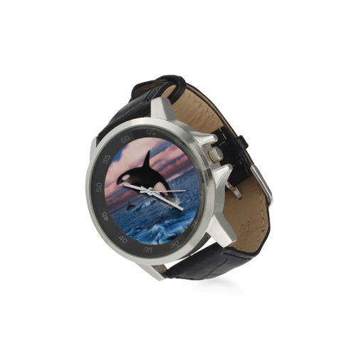 Killer Whales In The Arctic Ocean Unisex Stainless Steel Leather Strap Watch(Model 202)