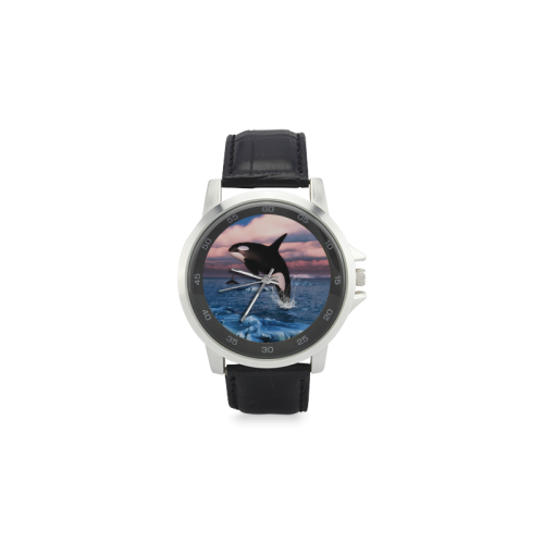 Killer Whales In The Arctic Ocean Unisex Stainless Steel Leather Strap Watch(Model 202)