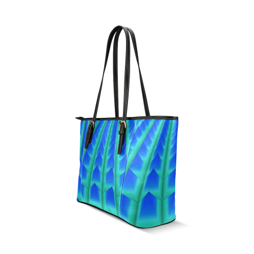 Blue and Green 3D Pyramids Leather Tote Bag/Large (Model 1640)