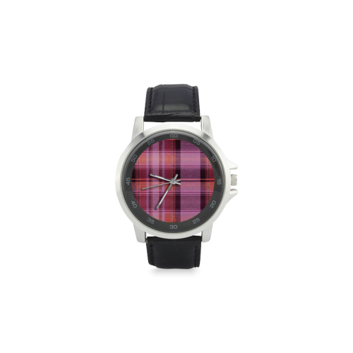 PINK PLAID Unisex Stainless Steel Leather Strap Watch(Model 202)