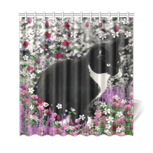 Freckles in Flowers II Black White Tuxedo Cat Shower Curtain 69"x72"