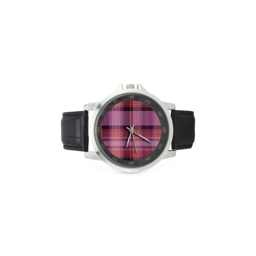 PINK PLAID Unisex Stainless Steel Leather Strap Watch(Model 202)