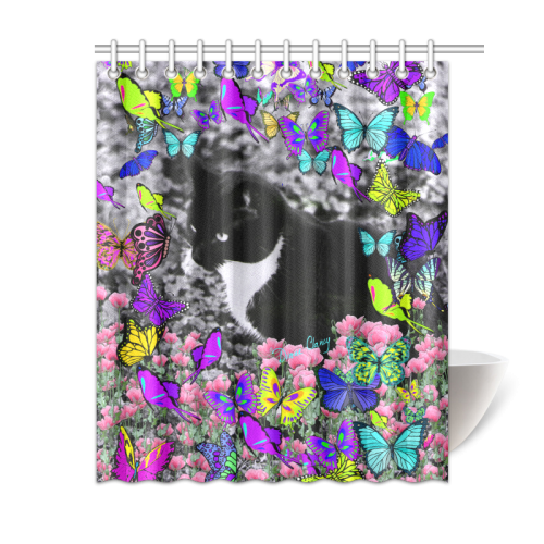 Freckles in Butterflies II Black White Tuxedo Cat Shower Curtain 60"x72"