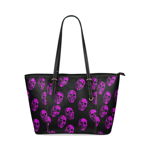 purple skulls Leather Tote Bag/Large (Model 1640)