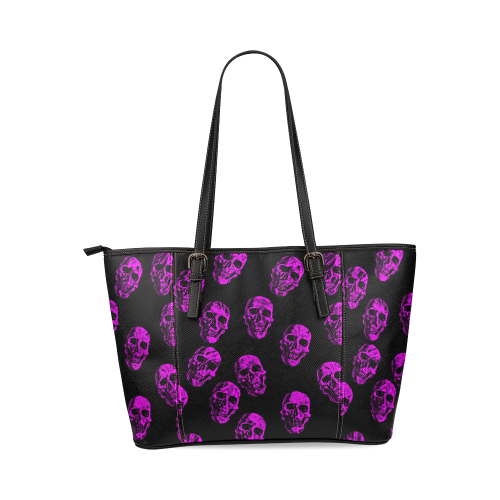 purple skulls Leather Tote Bag/Large (Model 1640)