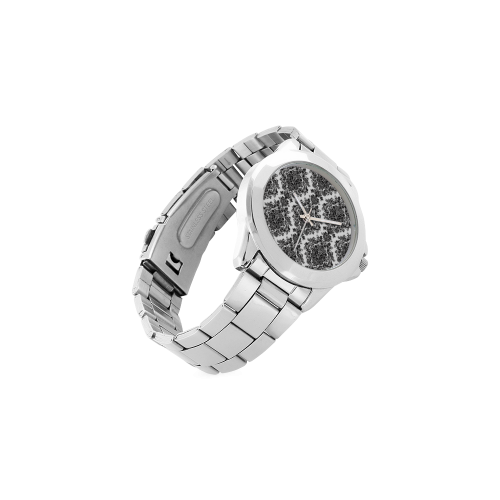 Black and White Damask Unisex Stainless Steel Watch(Model 103)