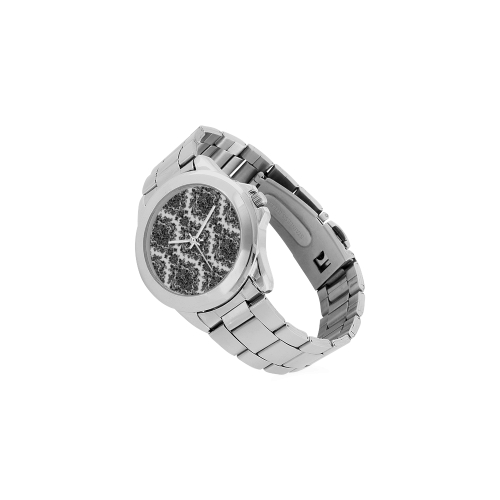 Black and White Damask Unisex Stainless Steel Watch(Model 103)