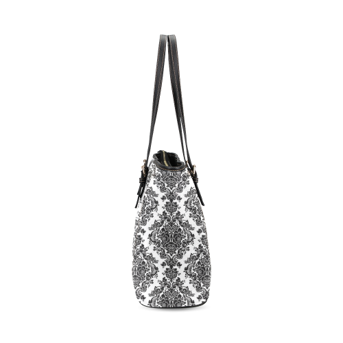 Black and White Damask Leather Tote Bag/Small (Model 1640)