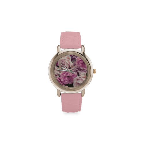 great garden roses pink Women's Rose Gold Leather Strap Watch(Model 201)