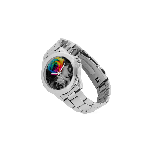 blach,white splash roses Unisex Stainless Steel Watch(Model 103)