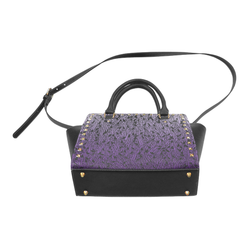 purple ombre feathers pattern black Rivet Shoulder Handbag (Model 1645)