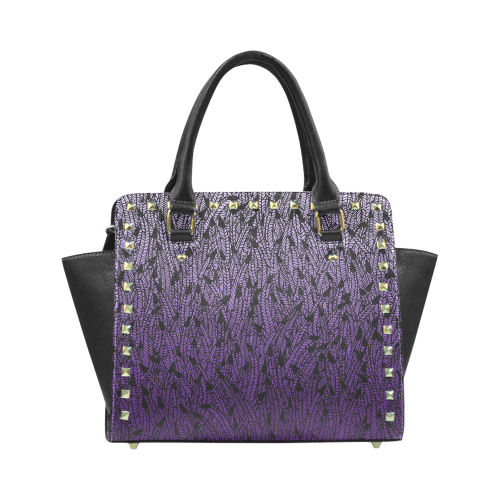 purple ombre feathers pattern black Rivet Shoulder Handbag (Model 1645)