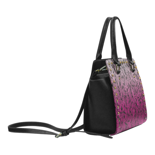 pink ombre feathers pattern black Rivet Shoulder Handbag (Model 1645)