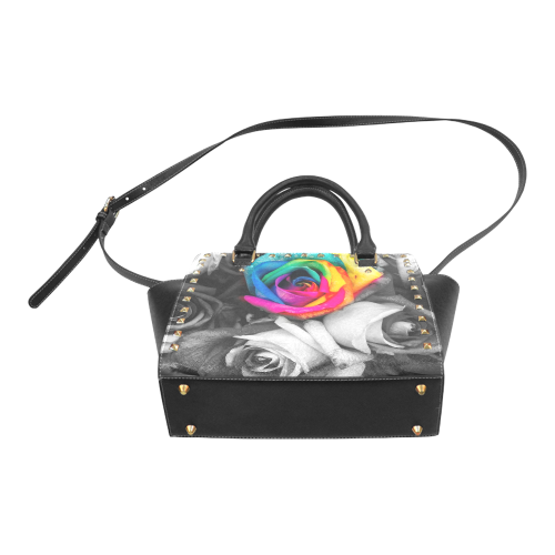 blach,white splash roses Rivet Shoulder Handbag (Model 1645)