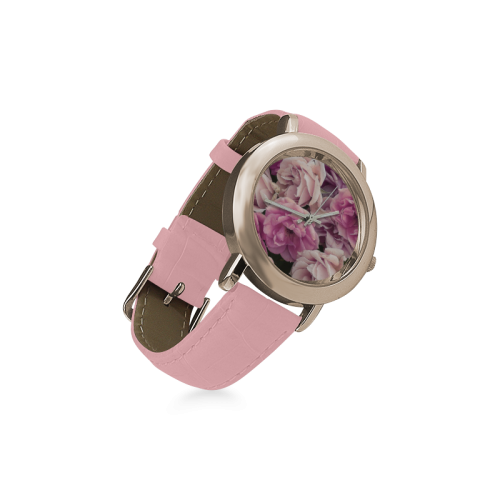 great garden roses pink Women's Rose Gold Leather Strap Watch(Model 201)