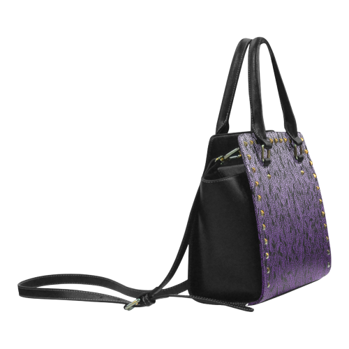 purple ombre feathers pattern black Rivet Shoulder Handbag (Model 1645)