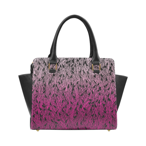 pink ombre feathers pattern black Rivet Shoulder Handbag (Model 1645)