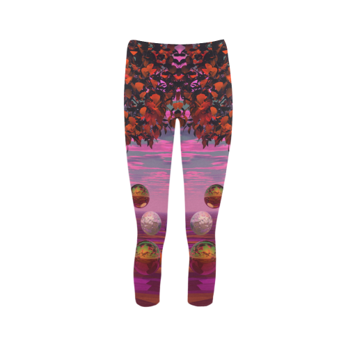 Bittersweet Opinion, Abstract Raspberry Maple Tree Capri Legging (Model L02)