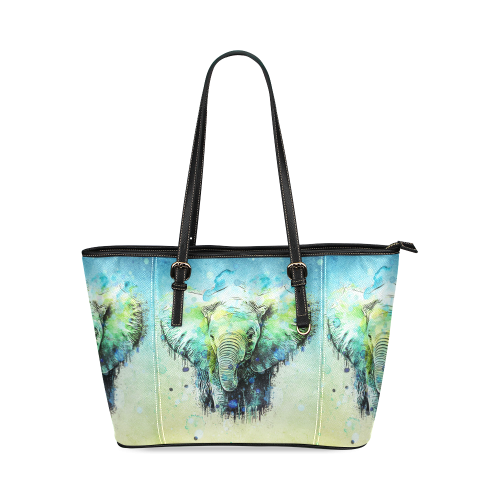 watercolor elephant Leather Tote Bag/Large (Model 1640)