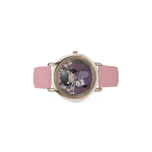 Kokeshi maneki neko Women's Rose Gold Leather Strap Watch(Model 201)