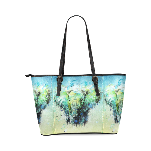 watercolor elephant Leather Tote Bag/Large (Model 1640)