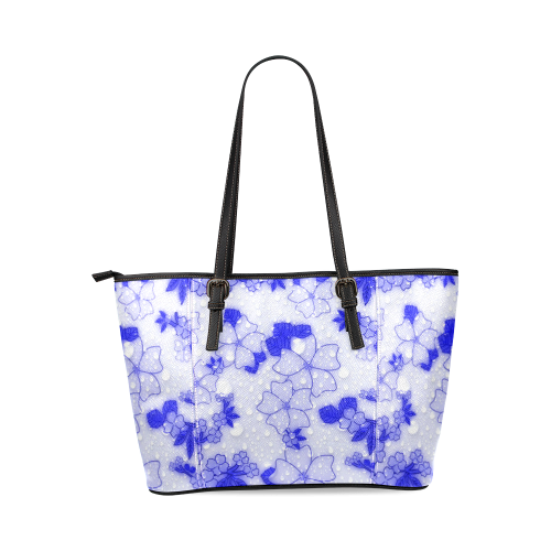 wet floral Pattern, blue Leather Tote Bag/Large (Model 1640)